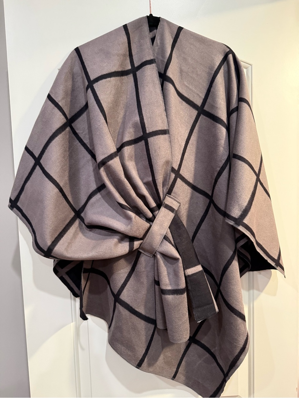 Windowpane Black/Grey Reversible Open Front Ruana Poncho - Picture 3 of 11